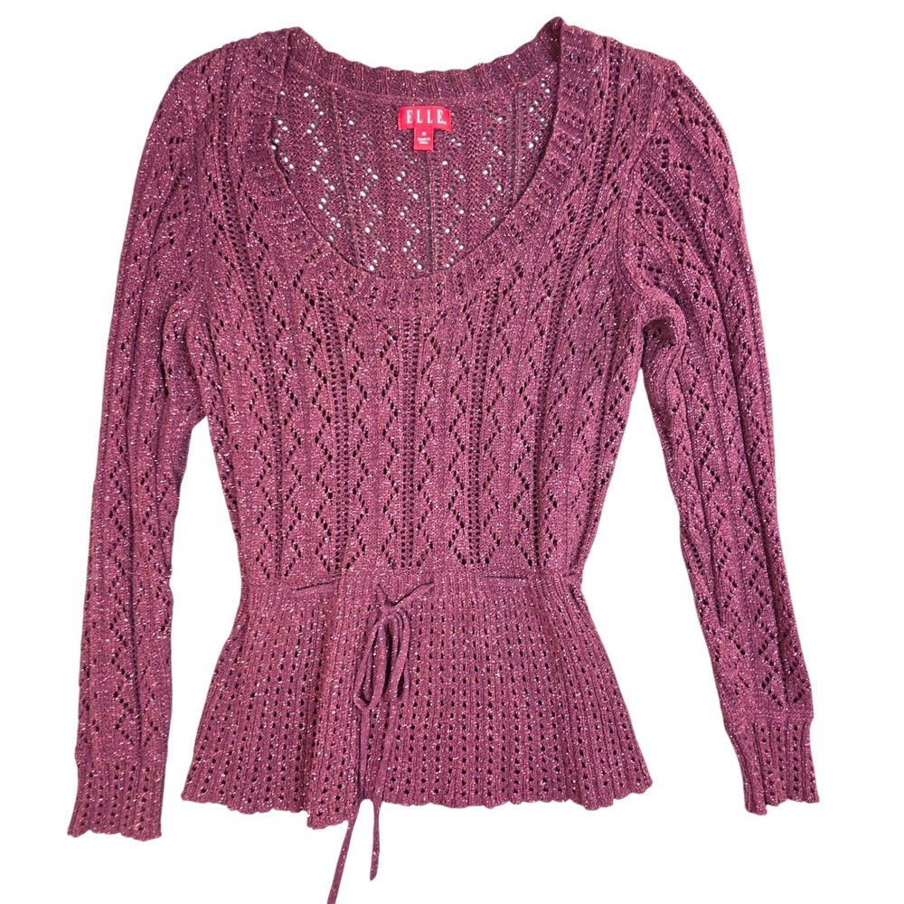 ELLE Womens Plum Purple Metallic Pointelle Knit Drawstring Peplum Sweater Medium